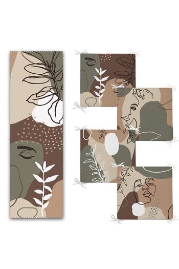 Realhomes Set of 4 Zippered Chair Cushions and 1 Runner with Portrait Design in Coffee Tones