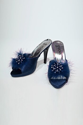 GIONA Navy Blue Platform Heeled Furry Bridal Slippers
