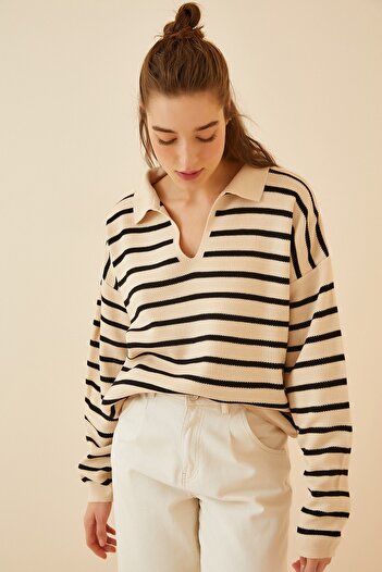 Happiness İstanbul Γυναικείο πλεκτό φούτερ με σκούρο κρεμ Polo Collar Crop US00293