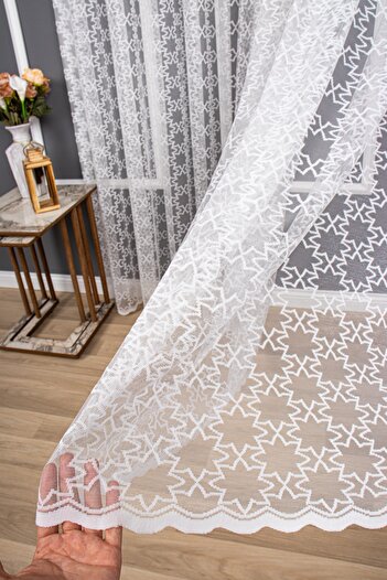 perdealemi Yıldızlı Desen Örme Düz Tül Perde, 250x250, Sık Pile, 1/3