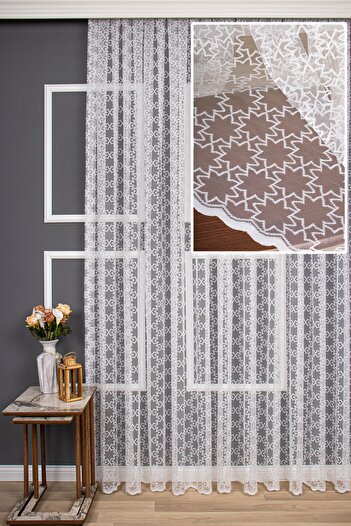 perdealemi Yıldızlı Desen Örme Düz Tül Perde, 250x250, Sık Pile, 1/3