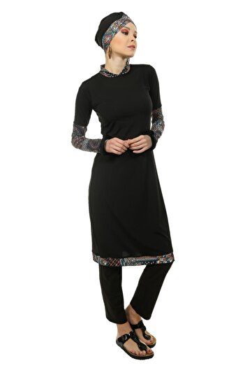 Emayo Ayşegül Patterned Black Hijab Swimsuit