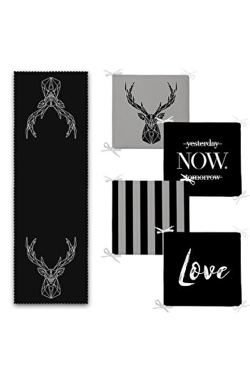 Realhomes Black Deer Designed Modern 4 Zippered Chair Cushion and 1 Runner Set