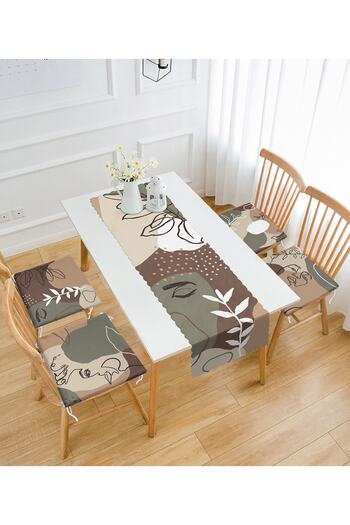 Realhomes Set of 4 Zippered Chair Cushions and 1 Runner with Portrait Design in Coffee Tones
