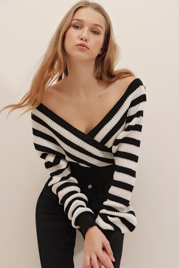 Trend Alaçatı Stili Pulover crop pentru femei, negru, față și spate, cu dungi dublu, ALC-X7570