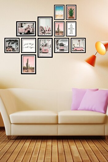 NT Handmade 12 Parça Ahşap Tablo Seti - Pembe T2 Salon Oturma Odası Yatak Odası Için Mdf Duvar Dekoru 90x75 Cm
