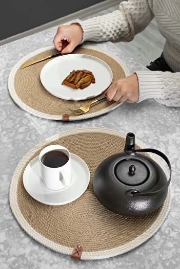 Homever 2 Pieces 35cm Round White Striped American Service Wicker Jute Braid Charger Presentation Set