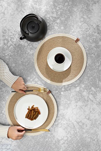 Homever 2 Pieces 32cm Round White Striped American Service Wicker Jute Braid Charger Presentation Set