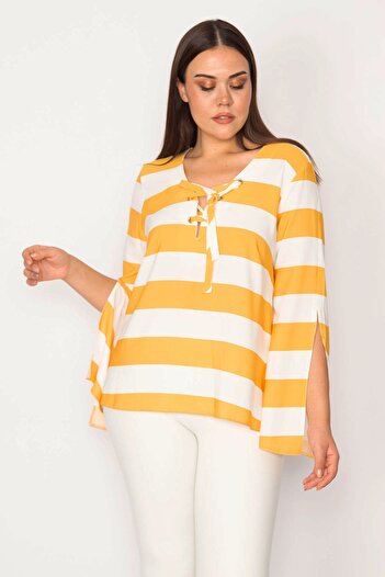 Şans Women's Large Size Yellow Collar Eyelet Lace Detailed Sleeve Slit Striped Blouse 65n30165