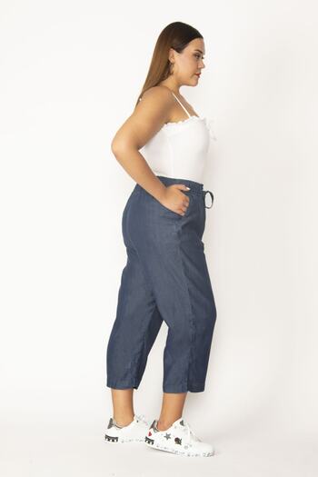 Şans Women's Navy Blue Elastic Waist and Lace-up Side Pocket Fabric Ankle Length Trousers 65N30115