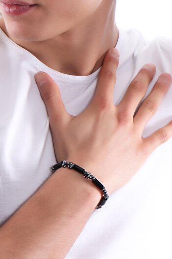 LABALABA Men's Asymmetrical Hematite & Cylinder Natural Stone Bracelet