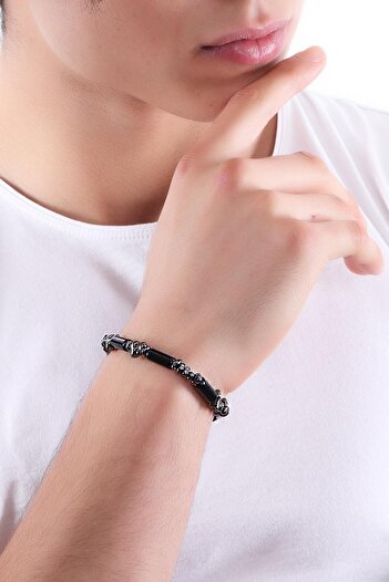LABALABA Men's Asymmetrical Hematite & Cylinder Natural Stone Bracelet