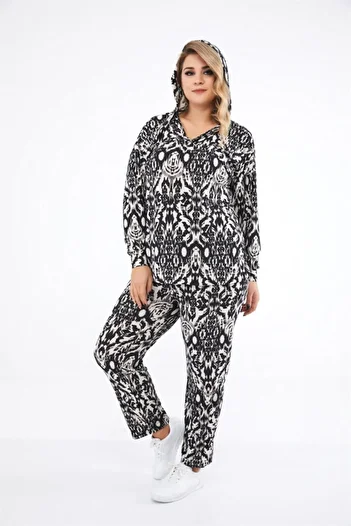 Seamoda Women's Black White Ethnic Pattern Yumoş Two-piece Suit