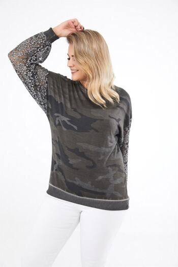Seamoda Women's Anthracite Camouflage Pattern Lace Sleeve Plus Size Sweatshirt