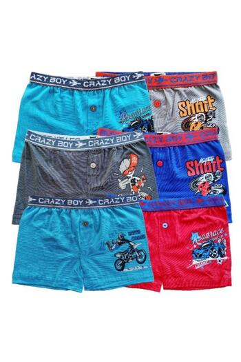 Tutku Erkek Çocuk Mavi Renkli Baskılı Pamuklu Elastan Düğmeli 6lı Paket  Boxer Kilot