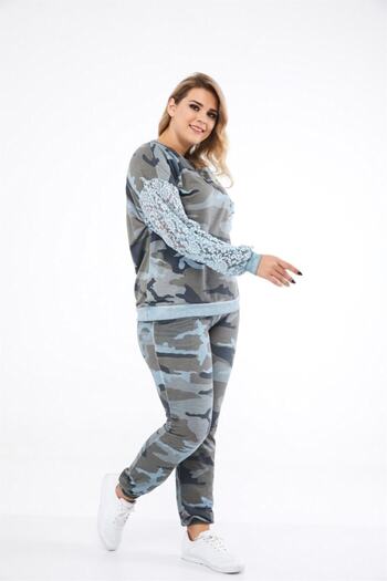 Seamoda Pantaloni de trening pentru femei, albastru deschis, cu model de camuflaj, spălat cu ulei