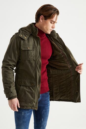 DYNAMO Men's Military Green Large Size Hooded Fur Lined Waterproof Thick Coat