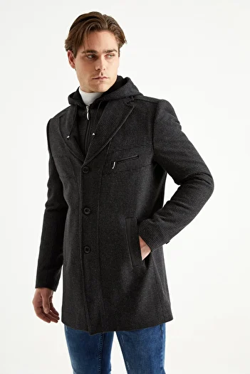 DYNAMO Men's Black Wool Blended Patterned Cashmere Hooded Zippered Front and Buttoned Coat