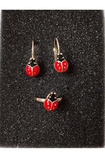 Yeşim Aksesuar Ladybug Children's Earring and Ring Set, Allergy-Free Children's Ring and Earring Set
