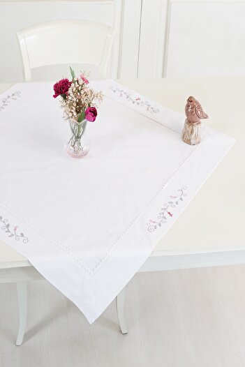 ÖDEL HOME White - Gray Buldan Fabric Elegant Embroidered 90X90 cm Tablecloth