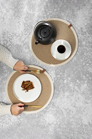 Homever 2 Pieces 35cm Round White Striped American Service Wicker Jute Braid Charger Presentation Set
