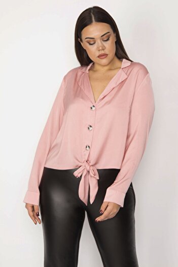 Şans Women's Plus Size Pink Front Tie Satin Blouse 65n29915