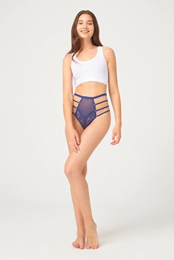 Cottonhill Dark Cobalt Transparent Rubber Detailed Women's Thong Panties with Bow