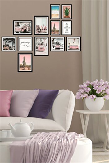 NT Handmade 12 Parça Ahşap Tablo Seti - Pembe T2 Salon Oturma Odası Yatak Odası Için Mdf Duvar Dekoru 90x75 Cm