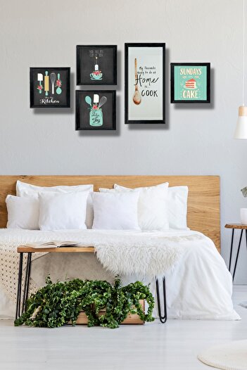NT Handmade 5 Parça Ahşap Tablo Seti - Mutfak Konsepti Için Yeşil Mdf Duvar Dekoru 50x30 Cm