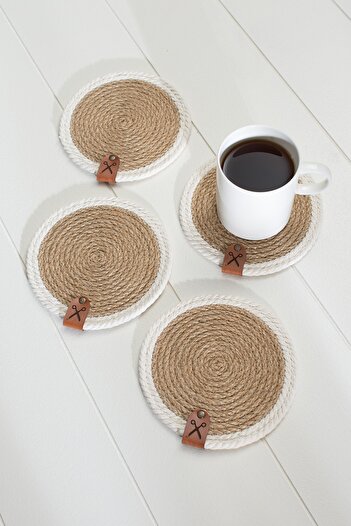 Homever 4 Pieces 13cm White Striped Jute Straw Knitted Coaster Presentation Set