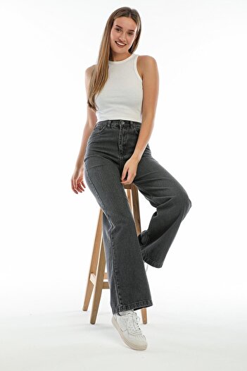 Trn JNS Füme Power Likralı Süper Yüksek Bel Salaş Jeans Jeans Palazzo Pantolon