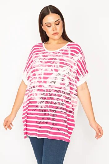 Şans Women's Plus Size Fuchsia Front Patterned Low Sleeve Blouse 65n30192