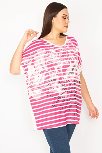Şans Women's Plus Size Fuchsia Front Patterned Low Sleeve Blouse 65n30192