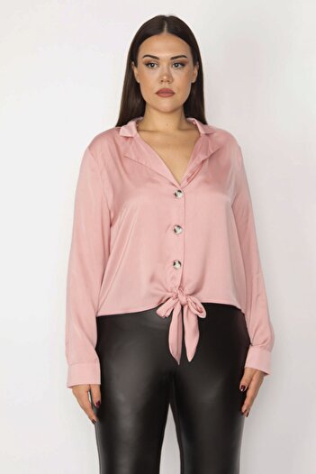 Şans Women's Plus Size Pink Front Tie Satin Blouse 65n29915
