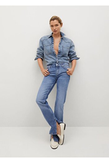 MANGO Woman Women's Dull Blue Side Slit Slim-Fit Jeans Trousers