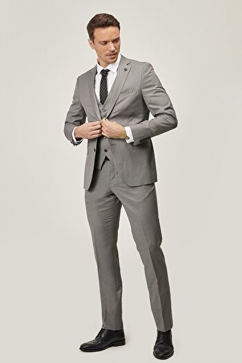 ALTINYILDIZ CLASSICS Erkek Gri Slim Fit Dar Kesim Desenli Gri Yünlü Su Geçirmez Nano Yelekli Takım Elbise