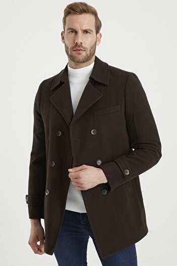 DYNAMO Men's Brown Double Breasted Collar Wool Blended Stamp Coat