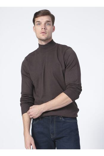 Fabrika Half Fisherman Basic Plain Brown Melange Men's Sweater
