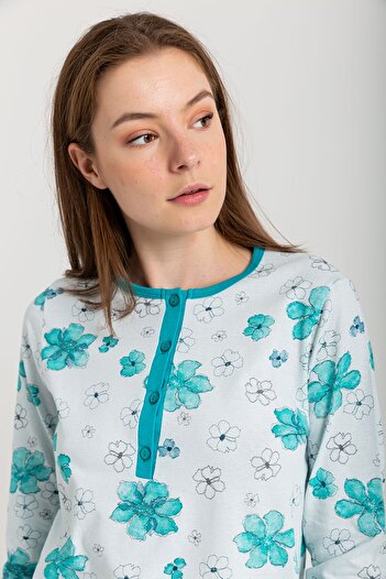 Nur Aka by Nurteks Green Collar Placket Floral Winter Plus Size Pajama Set
