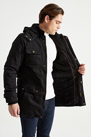DYNAMO Men's Black Hooded Fur Lined Waterproof Coated Thick Coat