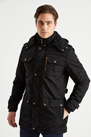 DYNAMO Men's Black Hooded Fur Lined Waterproof Coated Thick Coat