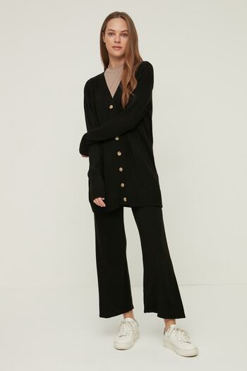 Trendyol Modest Black V-Neck Button Detailed Long Cardigan-Pants Knitwear Suit TCTAW22US0131