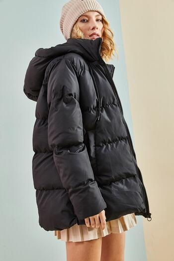 Bianco Lucci Langer Puffermantel für Damen mit Kapuze und Spitze
