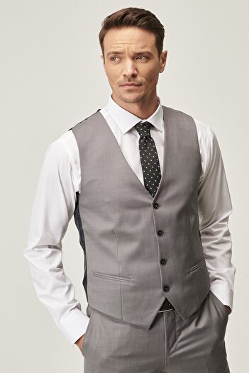 ALTINYILDIZ CLASSICS Erkek Gri Slim Fit Dar Kesim Desenli Gri Yünlü Su Geçirmez Nano Yelekli Takım Elbise