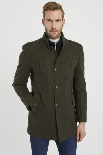 DYNAMO Men's Khaki Wool Blended Stand Collar Stamp Coat