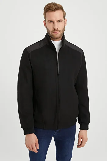 DYNAMO Men's Black Wool Blended Comfortable Fit Stamp Coat
