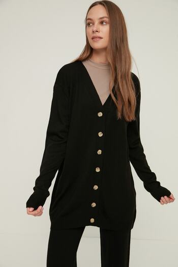 Trendyol Modest Black V-Neck Button Detailed Long Cardigan-Pants Knitwear Suit TCTAW22US0131