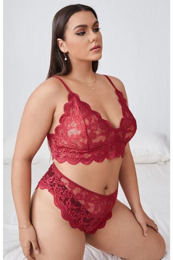 Fancy&Dancy Women's Burgundy Lace Battal Length Bra Panties Set