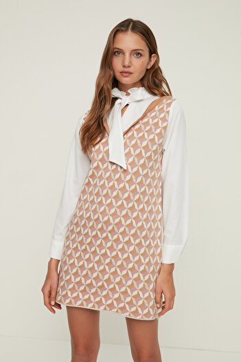 Trendyol Collection Knitwear Camel Mini Dress - Garni Shirt Detailed Twoaw22Sv0122