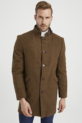 DYNAMO Men's Mustard Wool Blended Stand Collar Stamp Coat